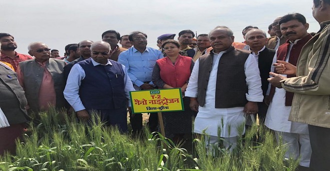 केंद्रीय कृषि मंत्री नरेंद्र तोमर मध्य प्रदेश के मुरैना जिलें में गेहूं की फसल को देखते हुए, किसानों ने गेहूं की फसल में इफको के नैनो नाइट्रोजन का उपयोग किया है